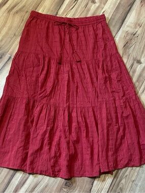 Per Una Red Tiered Midi Skirt Drawstring Cottagecore Boho Size 10